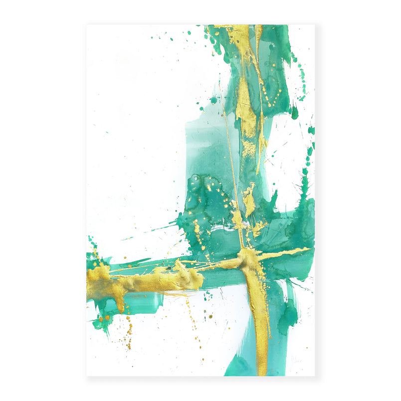 An original abstract painting illustrating brush strokes and splatter featuring blue green hues and gold detail painted with watercolor on a soft white background