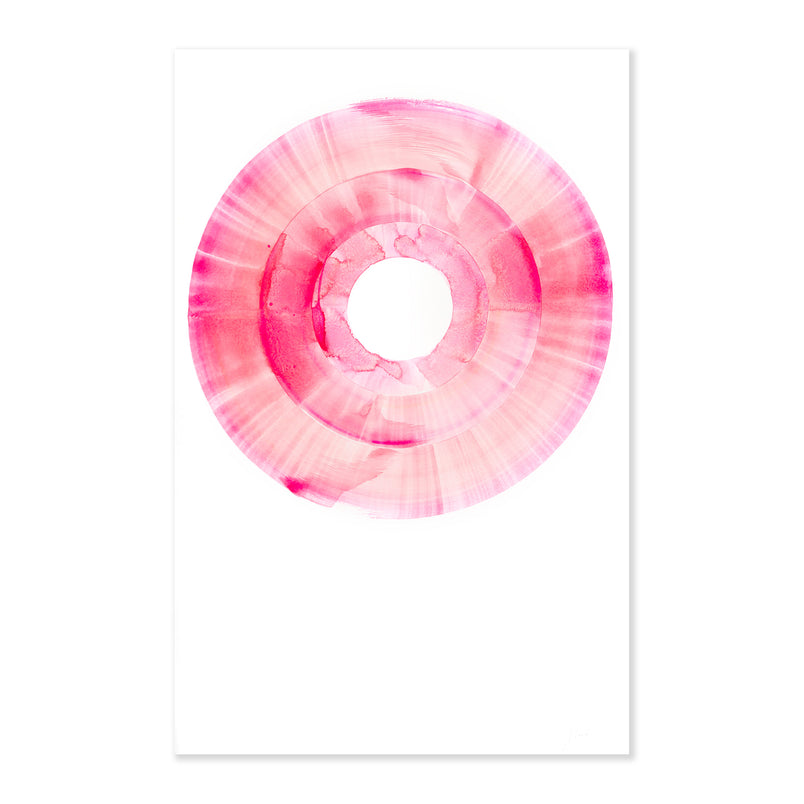 An original abstract painting illustrating a circle featuring pink hues painted with watercolor on a soft white background