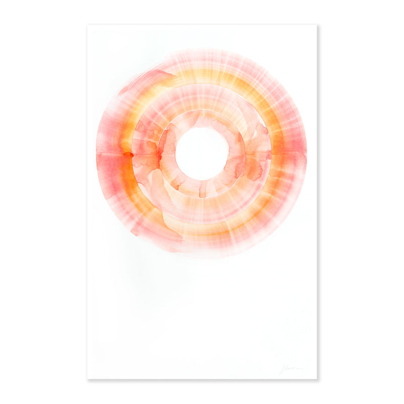 An original abstract painting illustrating a circle featuring pink and orange hues painted with watercolors on a soft white background