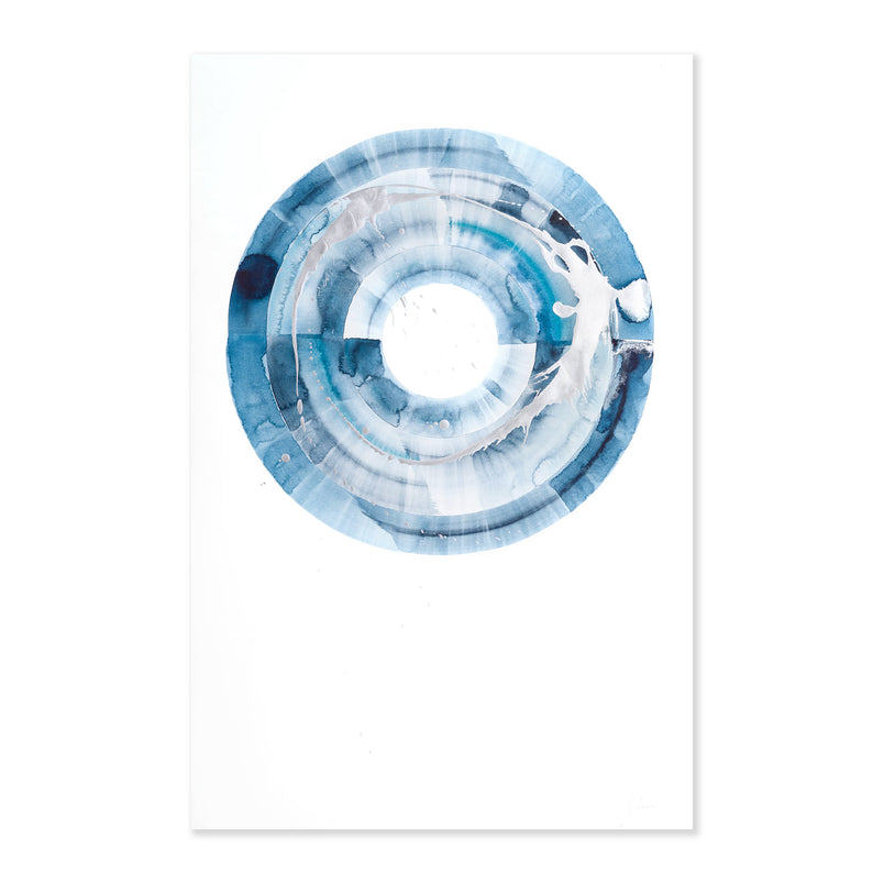 An original abstract painting illustrating a blue circle with silver detail painted with watercolor on a soft white background