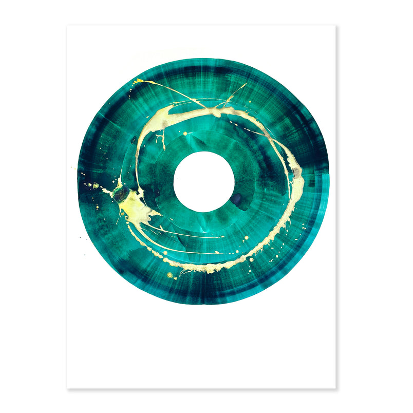 An original abstract painting illustrating a green circle with gold detail painted with watercolor on a soft white background