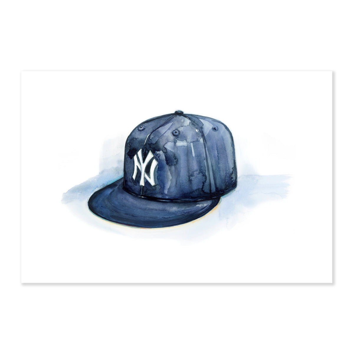  A fine art print illustrating a blue cap featuring white text that reads NY painted with watercolor on a soft white background
